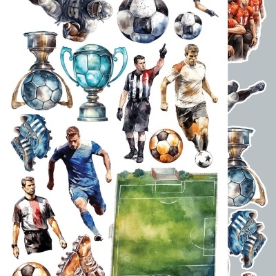 Ilustrações de futebol com jogadores, bolas, troféus, chuteiras, baliza e campo