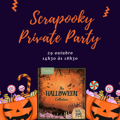 Promoção Scrappy Private Party Halloween com abóboras, doces e coleção temática