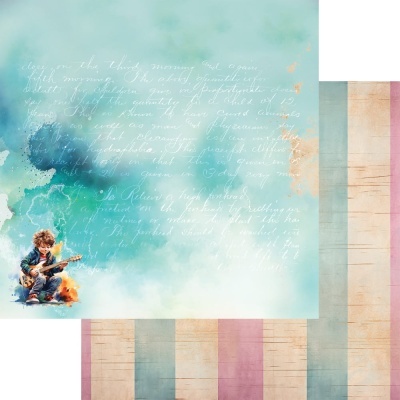 Papel de parede infantil com menino a tocar guitarra e letras cursivas em fundo azul e faixas coloridas