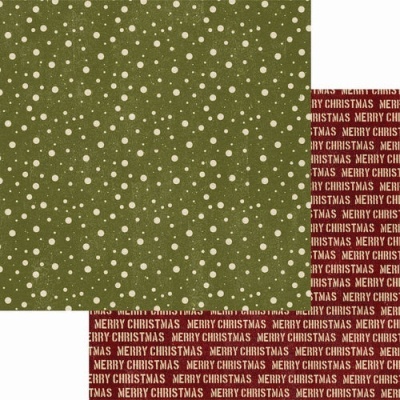 Papel com padrões natalícios, um lado com bolinhas brancas em verde-oliva, outro com texto MERRY CHRISTMAS em branco sobre vermelho.