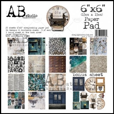 Bloco de papel para scrapbooking AB Studio com várias imagens decorativas e texto explicativo