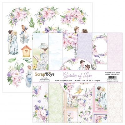 Folhas dupla-face para scrapbooking da coleção 'Garden of Love' com ilustrações vintage de flores e crianças.