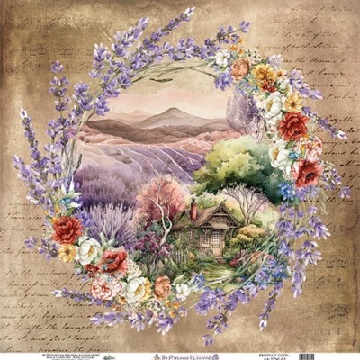 Ilustração de paisagem com casa de campo rodeada por guirlanda de flores coloridas sobre fundo texturizado marrom