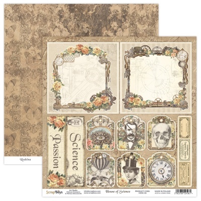 Papel decorativo para scrapbooking com tema steampunk e elementos vintage em tons bege e castanho