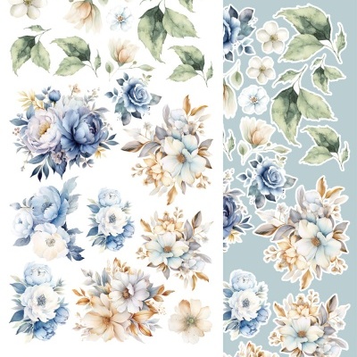 Autocolantes decorativos florais em azul, branco, bege e verde em fundo branco e azul claro