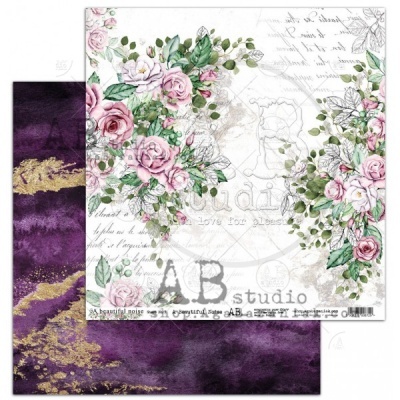 Papel decorativo duplo-face com flores e textura roxa abstrata.