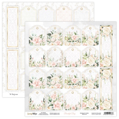 Folhas de papel de scrapbooking com etiquetas e tiras florais em tons pastel e molduras douradas