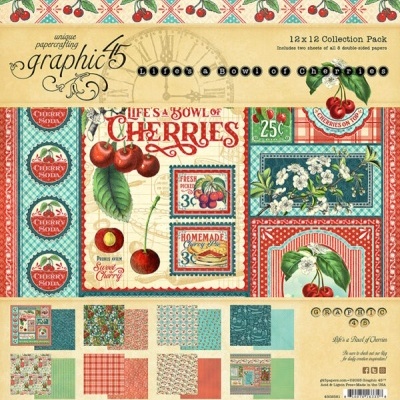 Papel decorativo com estampas de cerejas, flores e etiquetas coloridas