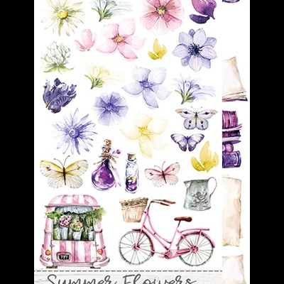 Ilustração aquarela de flores coloridas, borboletas, bicicleta rosa, carrinho de flores e frascos decorativos com texto Summer Flowers