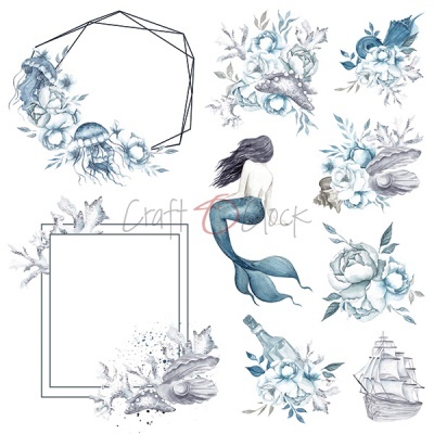 Ilustrações com tema marítimo incluindo sereia, flores azuis, navio e molduras