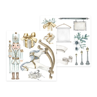 Ilustrações aquareladas de soldado de chumbo, cavalos de balanço, presentes dourados, ramos verdes e luminárias antigas.