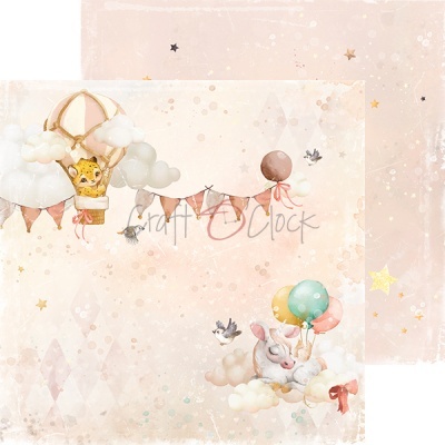 Papel de scrapbooking com tema infantil, tons rosa, balão, gato, coelho e estrelas