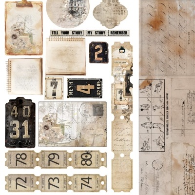 Elementos vintage para scrapbooking com números, escrita manuscrita e ilustrações em tons bege e castanho claro.