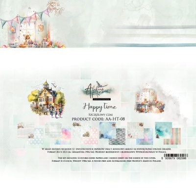 Papel de parede decorativo com ilustrações coloridas em estilo aquarela e texto Happy Time.