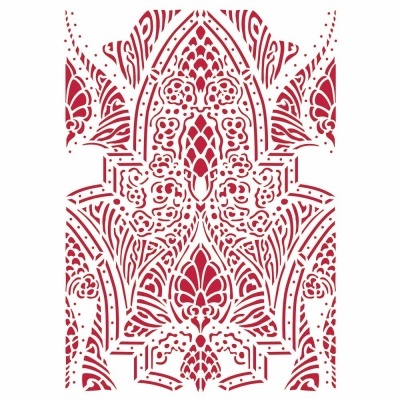 Stencil decorativo com padrão florido vermelho e branco