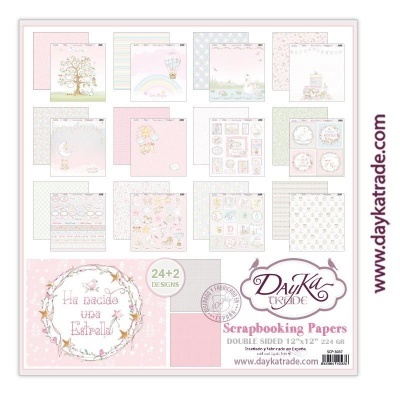 Pack de papéis para scrapbooking em tons pastel com ilustrações infantis e texto 