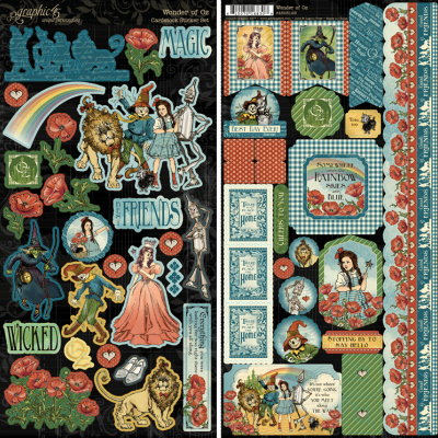 Conjunto de autocolantes de cartão com tema Mágico de Oz e textos em inglês.