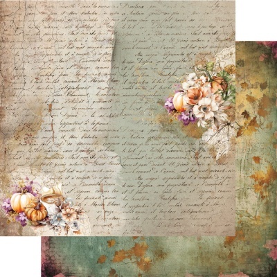 Folhas de papel decorativo com texto manuscrito e desenhos de abóboras e flores