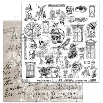 Folhas de papel decorativas com desenhos em preto e branco e padrões de escrita em sépia