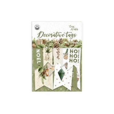 Etiquetas decorativas de Natal com textos NOEL, snow e HO HO HO em verde, branco e dourado