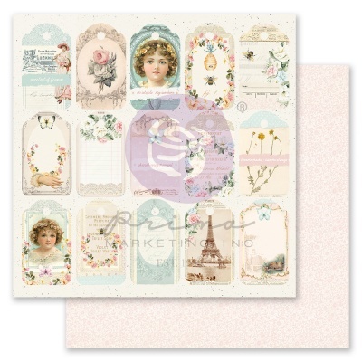Folha de papel decorativo com etiquetas vintage em tons pastel e imagens diversas.