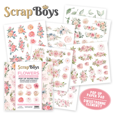 Papel decorativo ScrapBoys Flowers com padrões florais e embalagem com texto em português e inglês