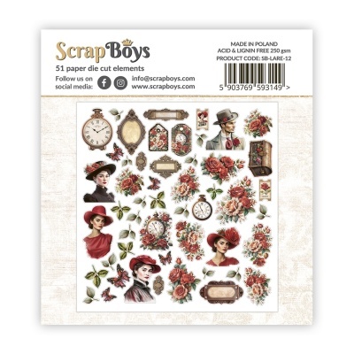 Folha de elementos recortados vintage ScrapBoys com desenhos de pessoas, flores e relógios em papel branco.