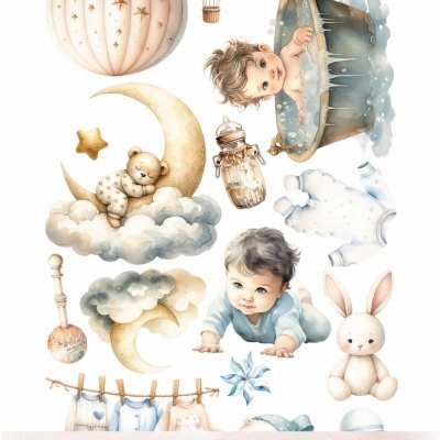 Elementos recortáveis para bebé em tons pastéis com balões, lua, ursinho, bebé no banho, roupas e coelho.