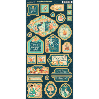 Etiquetas decorativas vintage com temas de bolos, flores e textos em inglês