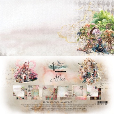 Papéis decorativos duplos com motivos de Alice em tons pastel e elementos artísticos