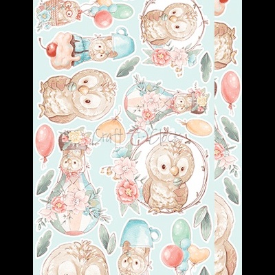 Autocolantes de corujas fofas em cores pastel com balões e flores.