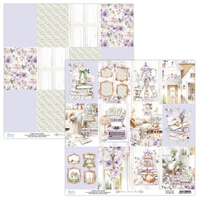 Folha dupla de papel decorativo para scrapbooking com padrões florais e objetos antigos em tons pastel