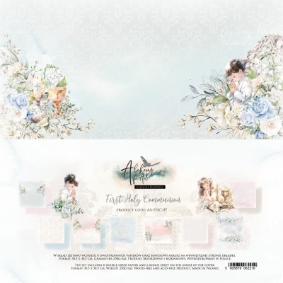 Design com flores azuis e brancas, duas crianças e texto sobre Primeira Comunhão