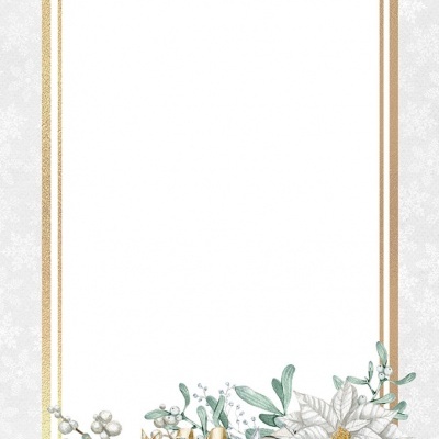 Moldura dourada com decoração floral branca e verde e presente dourado