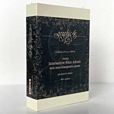 Caixa de álbum de folhas interativas Graphic 45 preta e branca com texto em bege
