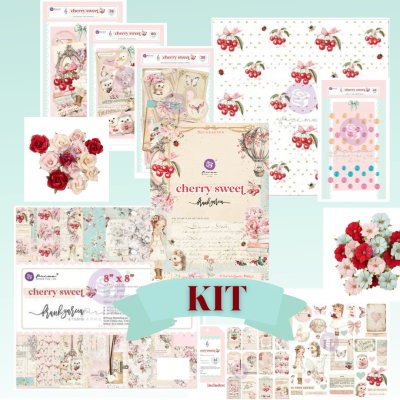 Kit Cherry Sweet com papel decorativo, flores artificiais e etiquetas com cerejas