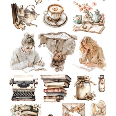 Elementos ilustrados estilo vintage com mulheres escrevendo, livros, chá e flores em tons suaves.