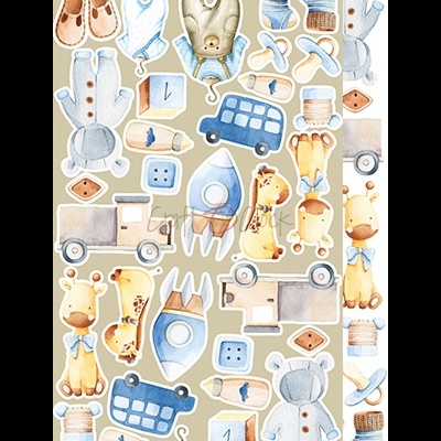 Papel de embrulho infantil com desenhos de animais e brinquedos em tons suaves