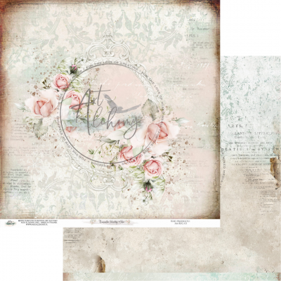 Papel decorativo com moldura oval, flores cor-de-rosa e texto Art Alchemy no centro.