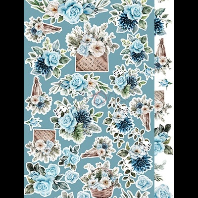 Autocolantes com arranjos florais azuis e brancos em fundo azul