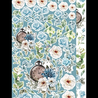 Folhas decorativas com flores azuis e brancas e relógios antigos