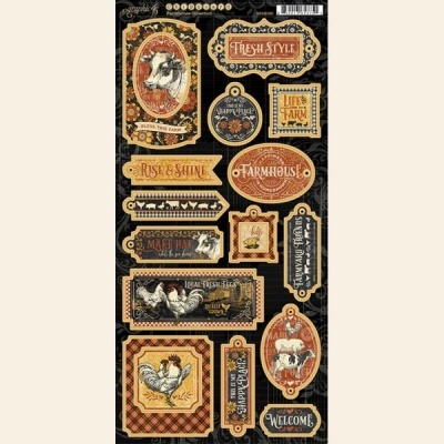 Folha de autocolantes vintage com imagens e textos relacionados com quinta