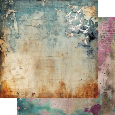 Papel decorativo com rosto de criança, pombas brancas e texto parcial em estilo envelhecido