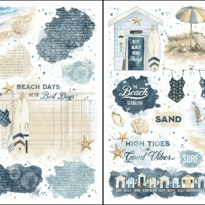 Ilustração de elementos de praia e textos em azul, bege e branco