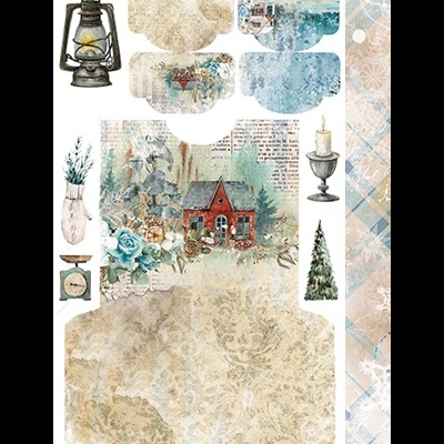 Papel decorativo de inverno com desenhos variados e padrão quadriculado no verso