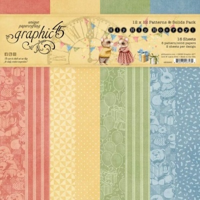 Pack de papel para scrapbooking Graphic 45 Hip Hip Hooray com padrões coloridos e desenhos de coelhos.