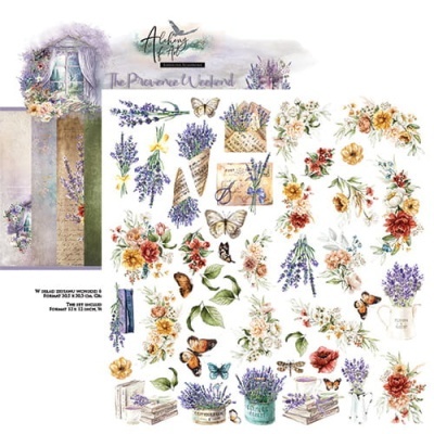 Folhas decorativas com flores, borboletas, ramos de lavanda e texto 'The Provence Weekend'.