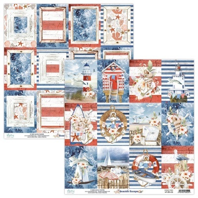 papel decorativo náutico azul, vermelho e branco com faróis, âncoras e flores
