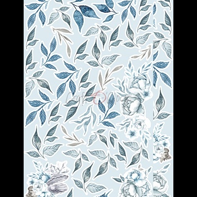 Papel decorativo com padrão de folhas azuis e flores brancas em fundo azul claro