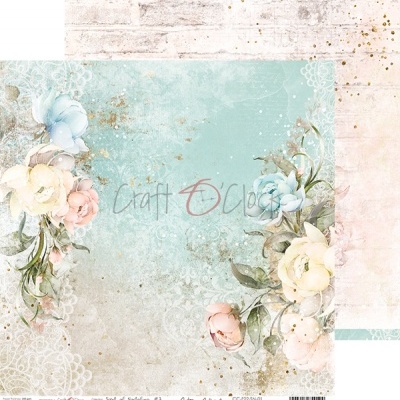 Folha dupla para scrapbooking com padrão floral pastel e fundo azul esverdeado